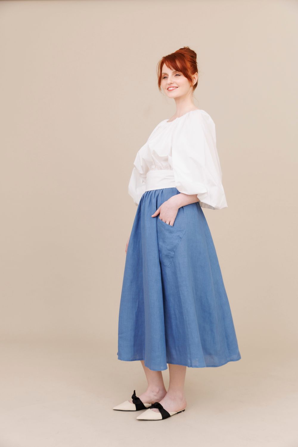 Midnight Blue 100 Linen Pocket Long Swing Skirt O Neil of Dublin